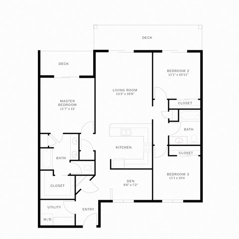 Floor plan for 3 beds, 2 baths